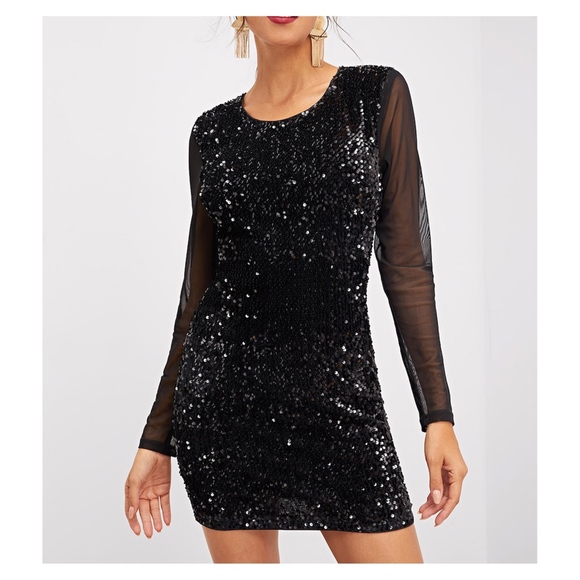 MBM Unlimited Dresses & Skirts - Black Mesh Sleeves Bodycon Sequin Party Dress